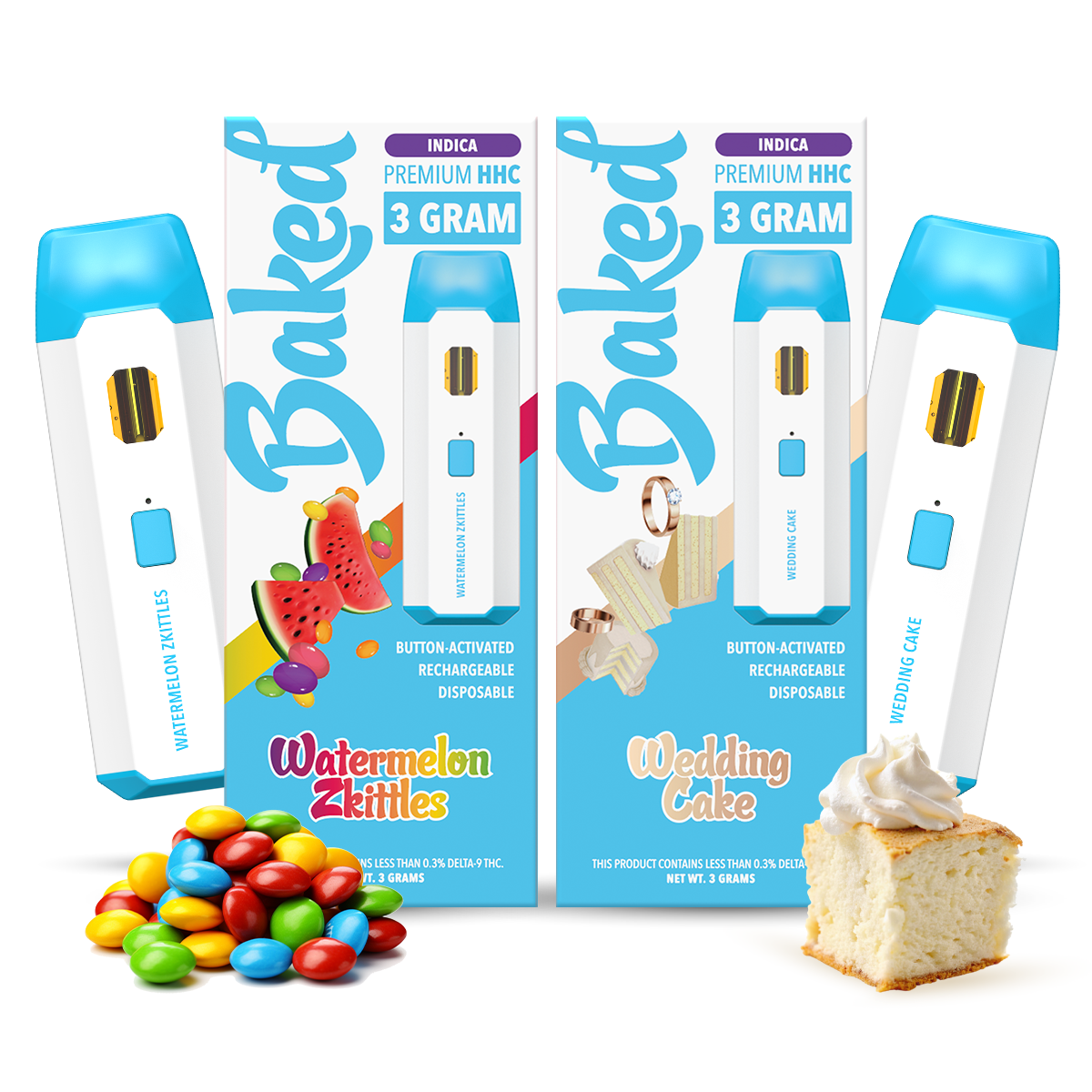 HHC Vapes - Baked Indica THC Vape Pens - Disposable 3 gram HHC Vapes Flavor Pack Watermelon Zkittles Wedding Cake